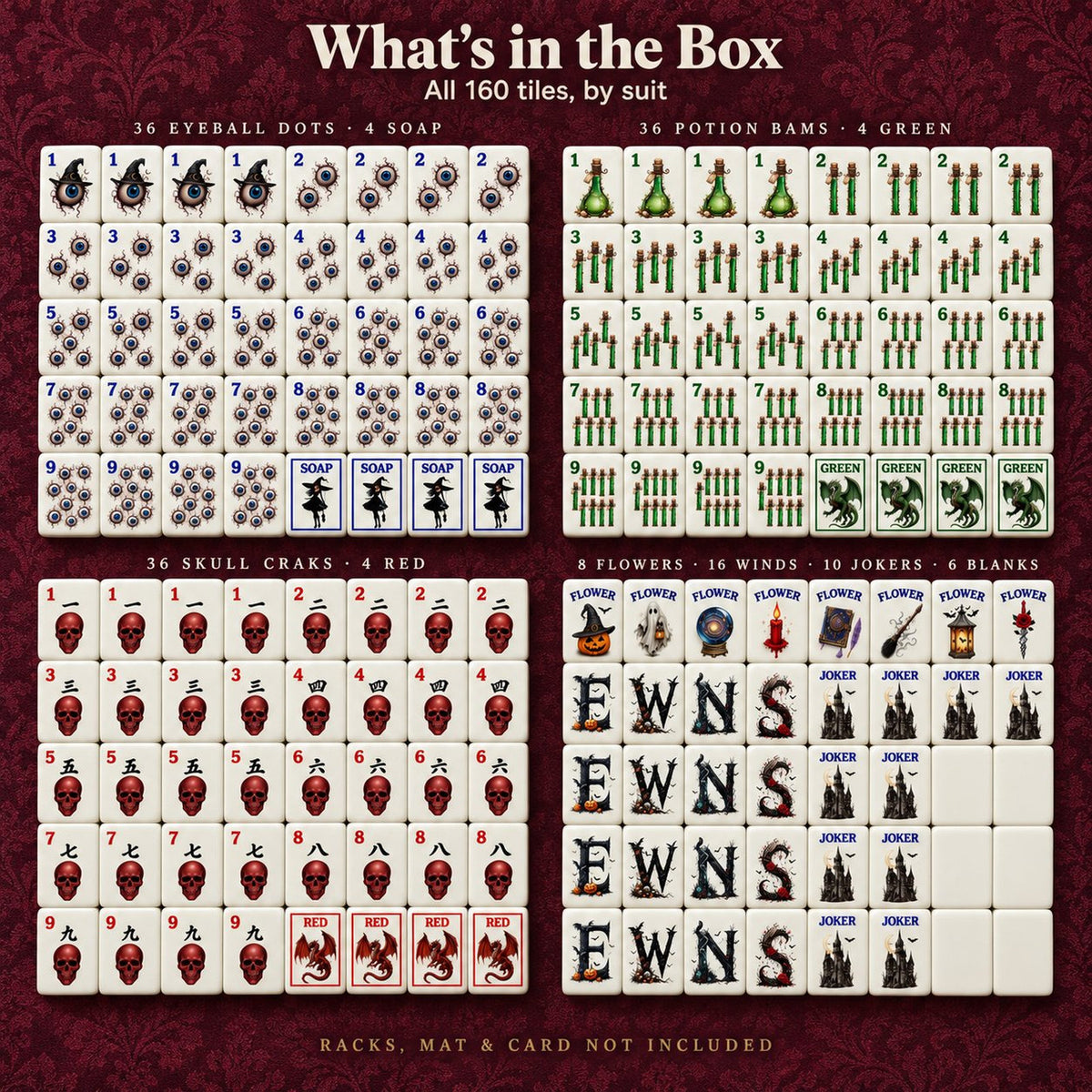 All 160 Gothic Halloween mahjong tiles grouped by suit: Dots, Bams, Craks, dragons, flowers, winds, 10 jokers, 6 blanks