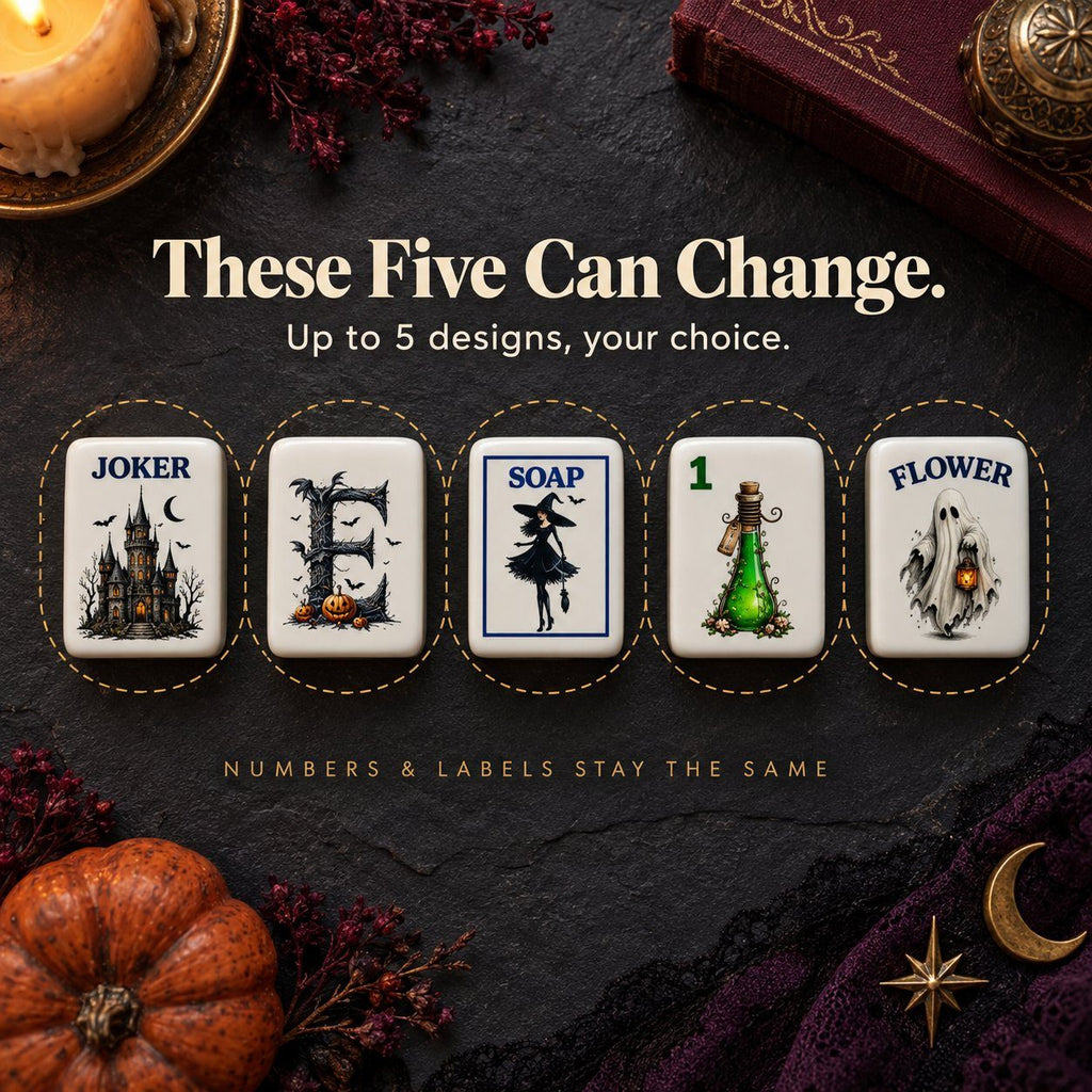 Five tiles in dashed circles: castle Joker, East wind, Soap witch, 1 Bam potion and ghost Flower, on dark slate