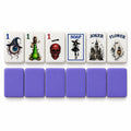 Gothic Halloween mahjong tiles 1 Dot, 1 Bam, 1 Crak, Soap, Joker and Flower above purple tile backs