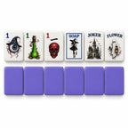 Gothic Halloween mahjong tiles 1 Dot, 1 Bam, 1 Crak, Soap, Joker and Flower above purple tile backs