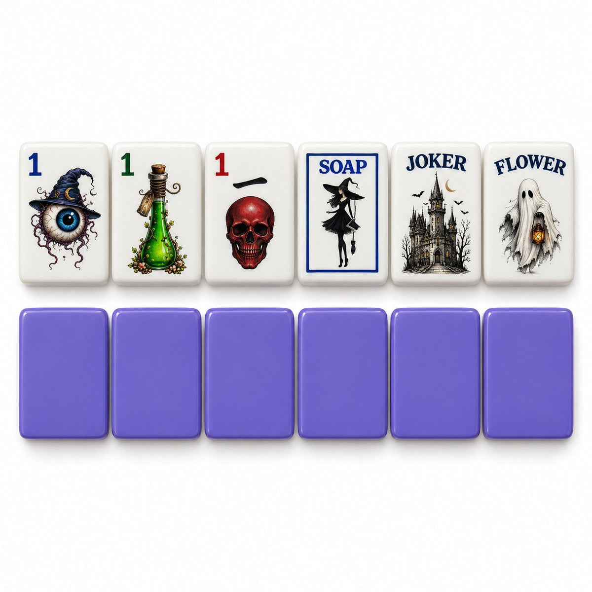 Gothic Halloween mahjong tiles 1 Dot, 1 Bam, 1 Crak, Soap, Joker and Flower above purple tile backs
