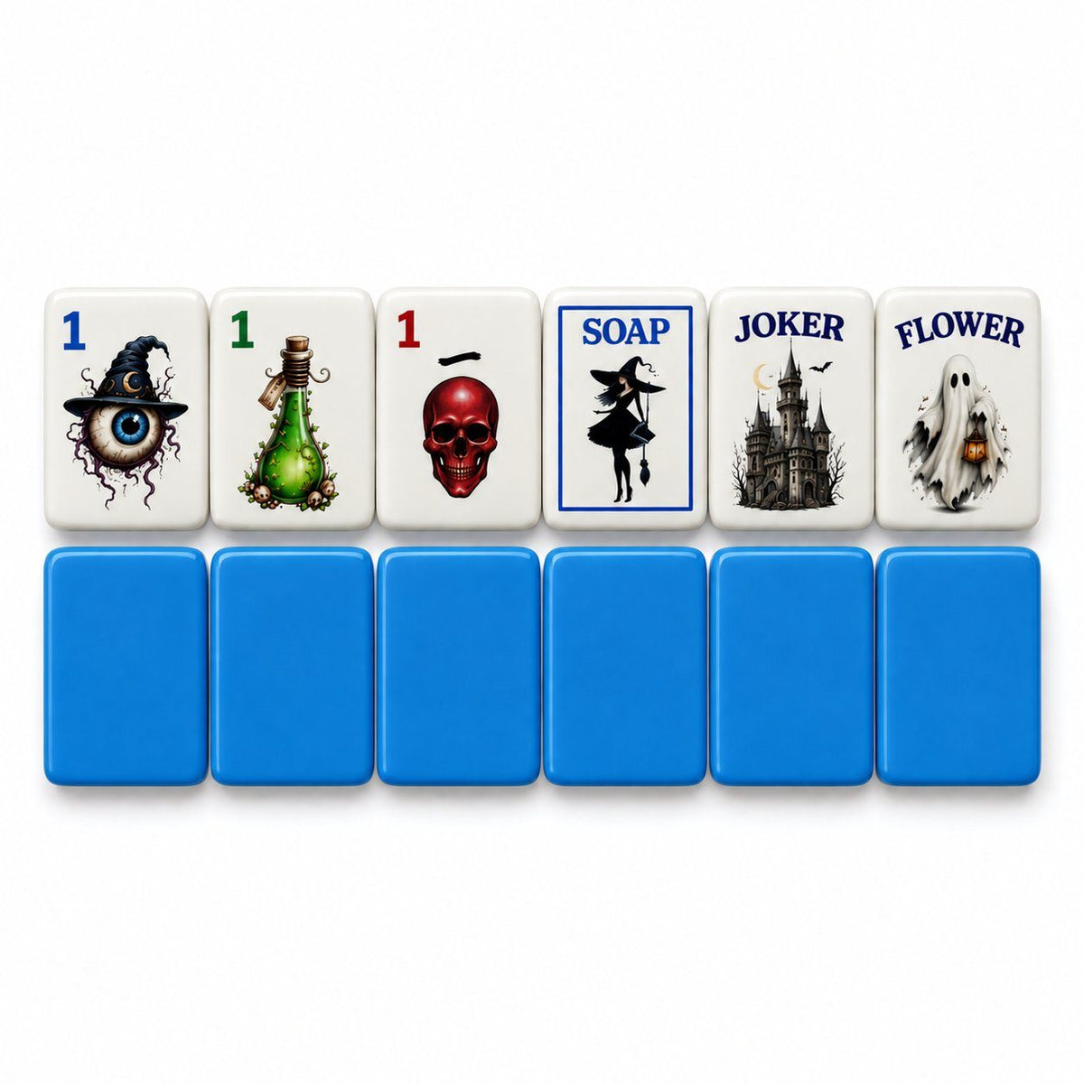 Gothic Halloween mahjong tiles 1 Dot, 1 Bam, 1 Crak, Soap, Joker and Flower above blue tile backs