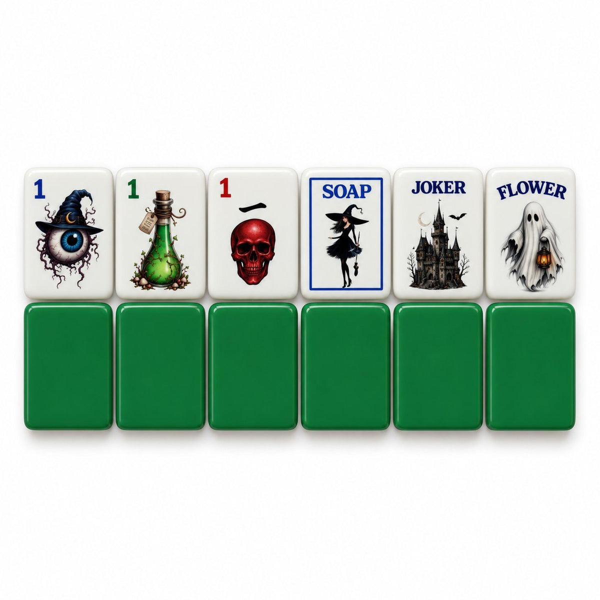 Gothic Halloween mahjong tiles 1 Dot, 1 Bam, 1 Crak, Soap, Joker and Flower above green tile backs