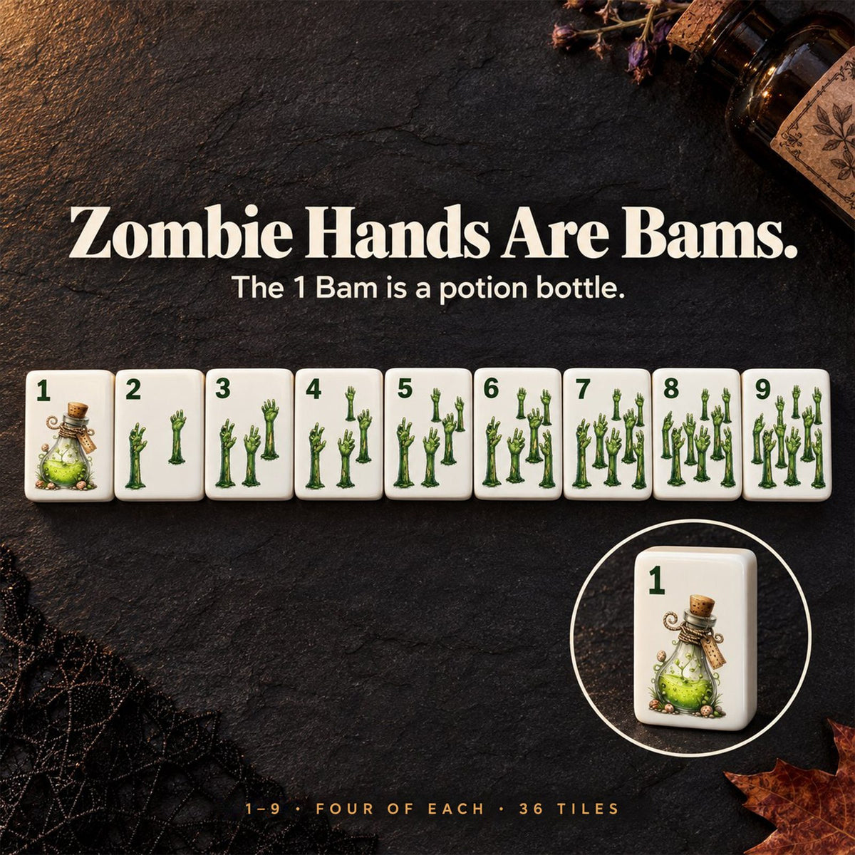 Zombie-hand Bams tiles 1 to 9 on dark slate, with a close-up of the potion bottle 1 Bam