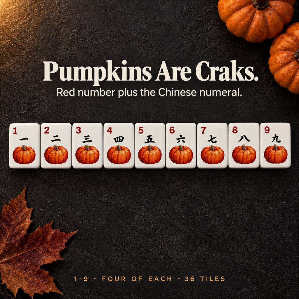 Pumpkin Craks tiles 1 to 9 with red numbers and Chinese numerals on dark slate