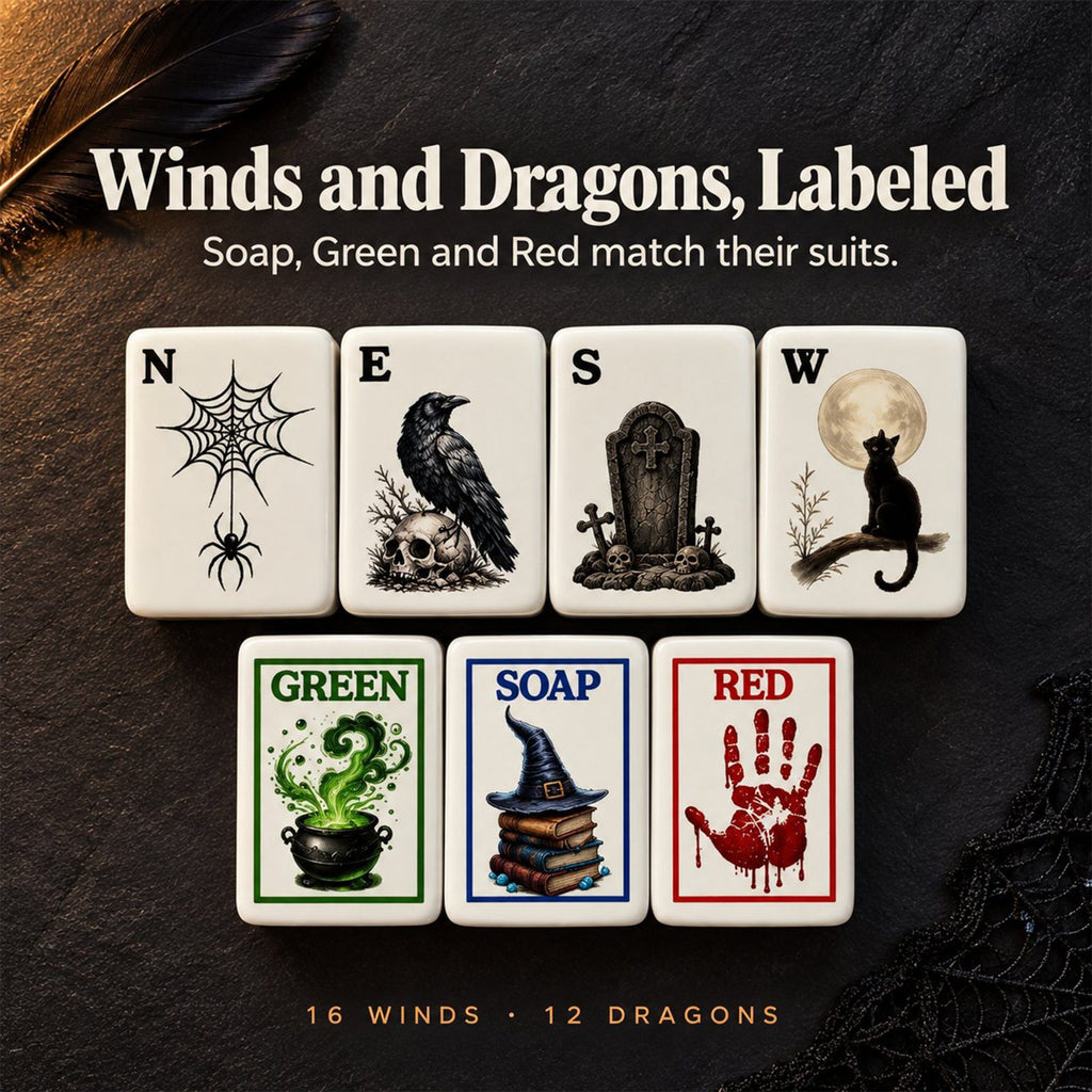 Halloween wind tiles N, E, S, W with web, raven, tombstone and cat, above Green, Soap and Red dragons