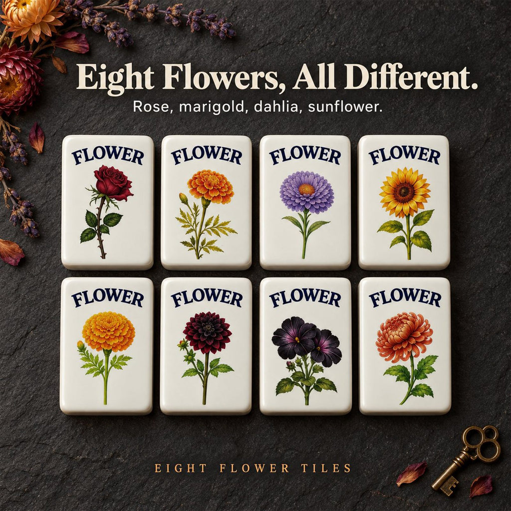Eight flower tiles with different blooms including rose, marigold, sunflower and dahlia