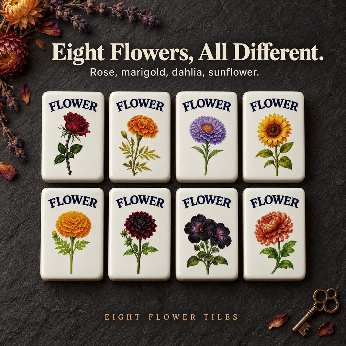Eight flower tiles with different blooms including rose, marigold, sunflower and dahlia