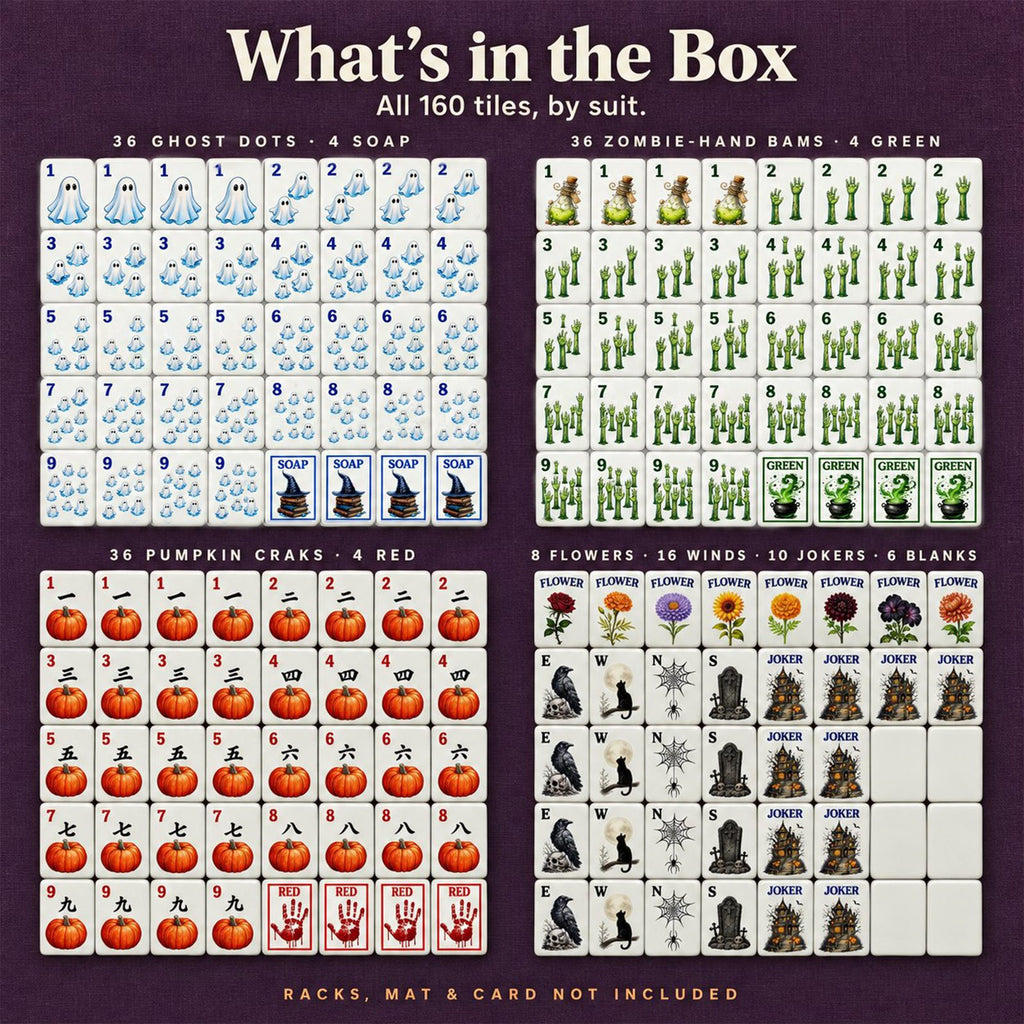 All 160 Halloween mahjong tiles grouped by suit: Dots, Bams, Craks, flowers, winds, 10 jokers and 6 blanks