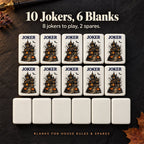 Ten haunted-house joker tiles above six plain blank tiles on dark slate