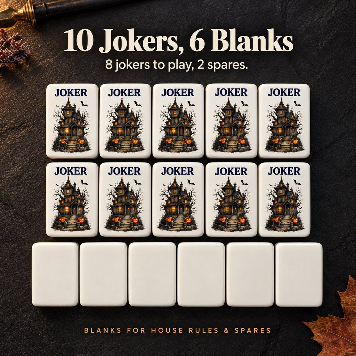 Ten haunted-house joker tiles above six plain blank tiles on dark slate