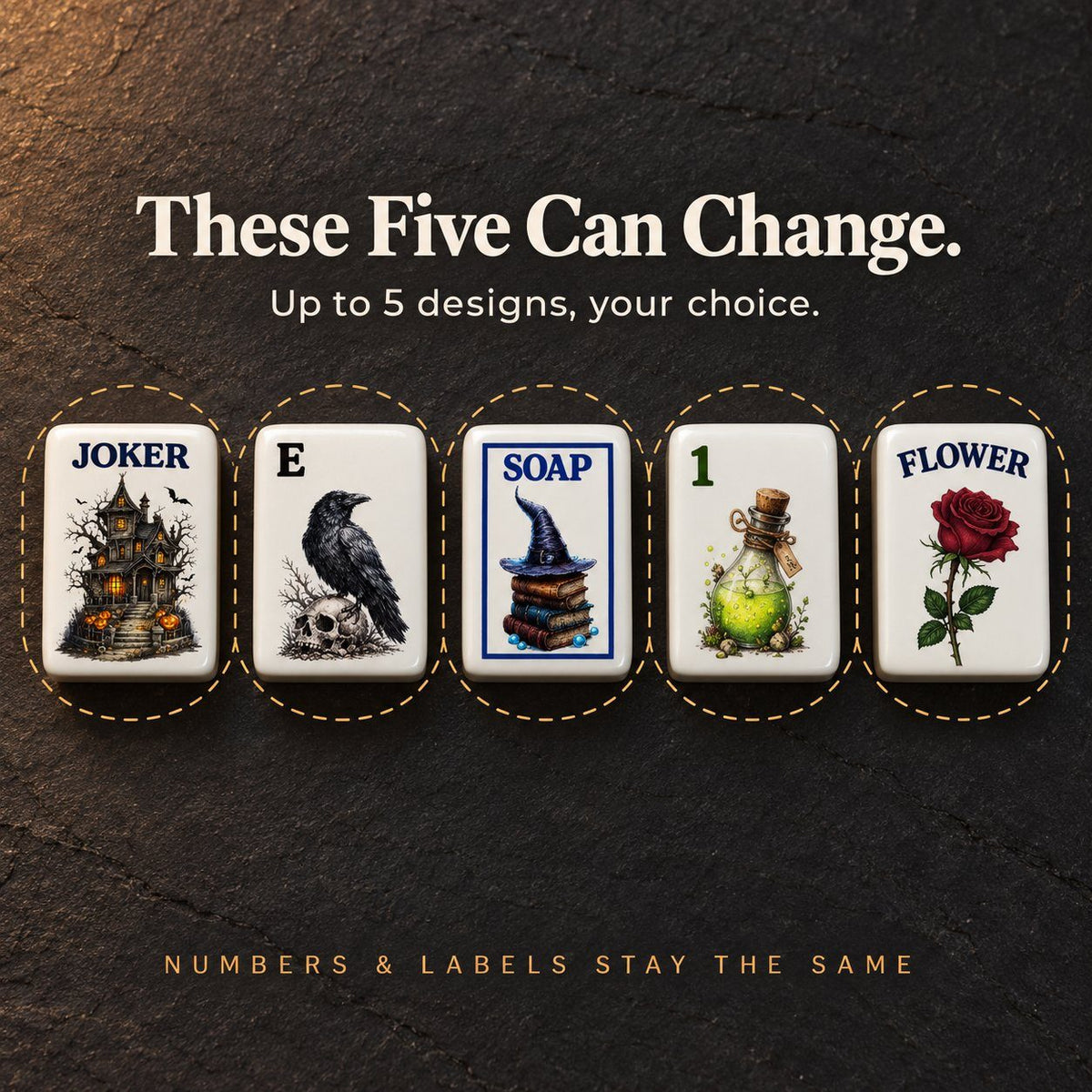 Five circled tiles (joker, East wind, Soap, 1 Bam, flower) showing tile designs you can swap