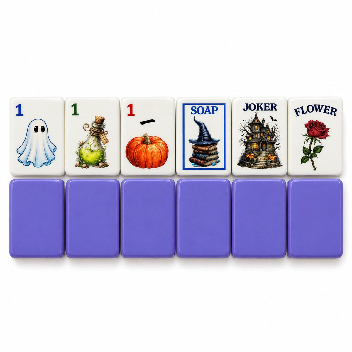 Ghost, potion, pumpkin, Soap, joker and rose tiles face up above six tiles showing the purple back