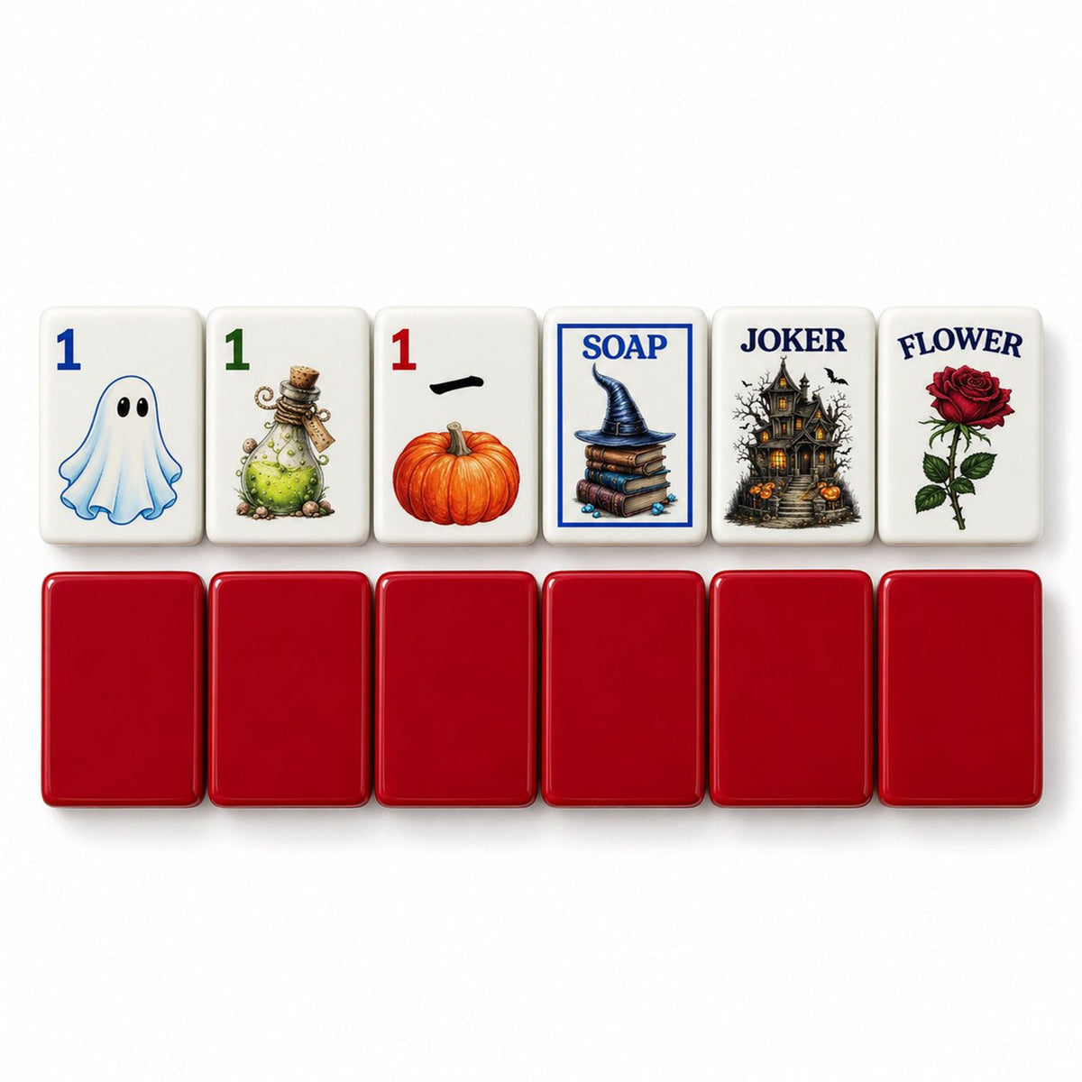 Ghost, potion, pumpkin, Soap, joker and rose tiles face up above six tiles showing the deep red back