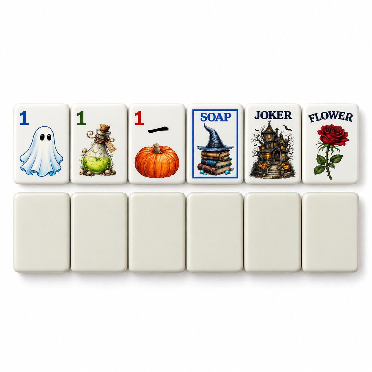 Ghost, potion, pumpkin, Soap, joker and rose tiles face up above six tiles showing the ivory white back