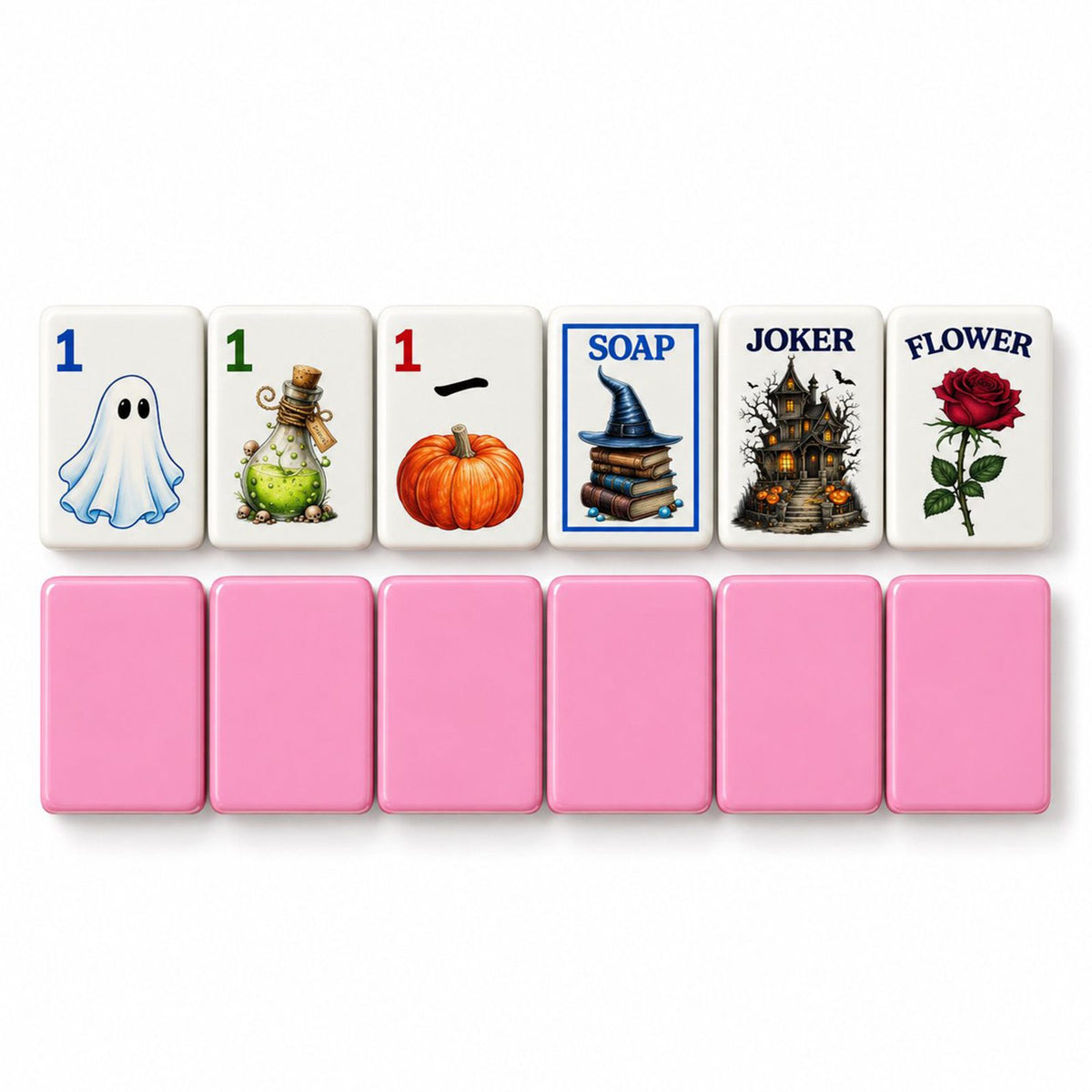 Ghost, potion, pumpkin, Soap, joker and rose tiles face up above six tiles showing the pink back