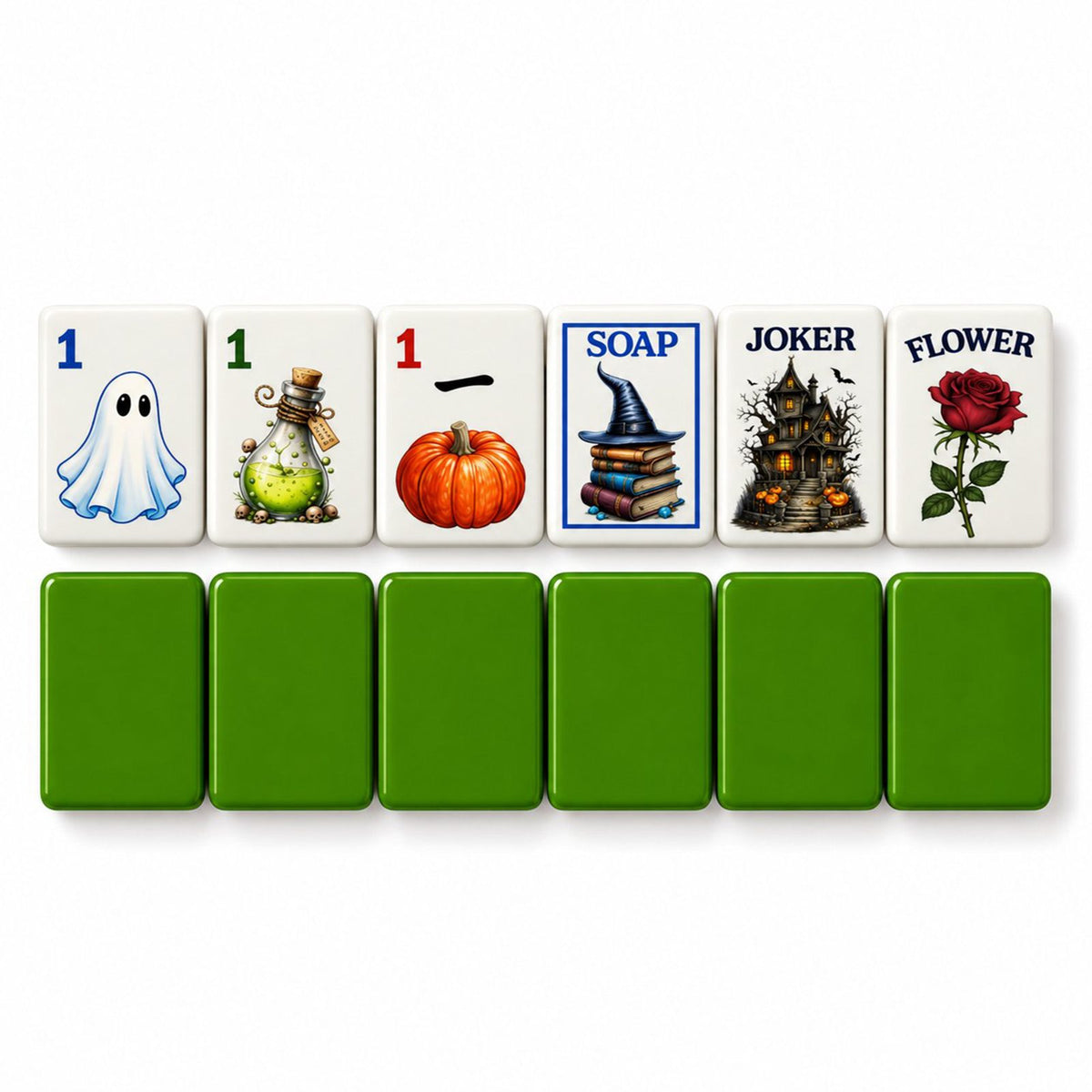 Ghost, potion, pumpkin, Soap, joker and rose tiles face up above six tiles showing the green back