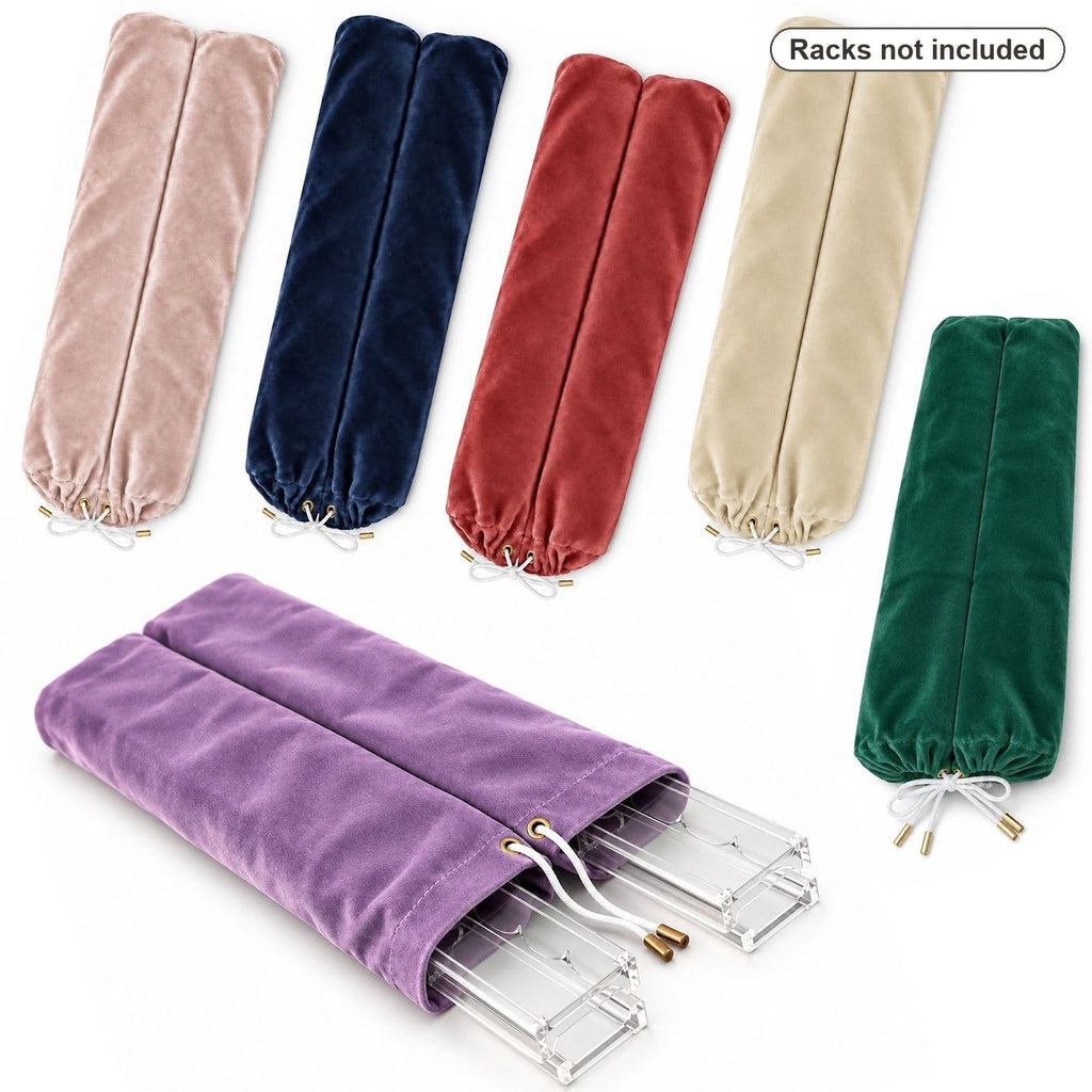 Velvet mahjong rack bags in six colors; the lavender bag holds clear racks, with a label that reads "Racks not included"