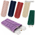 Velvet mahjong rack bags in six colors; the lavender bag holds clear racks, with a label that reads "Racks not included"