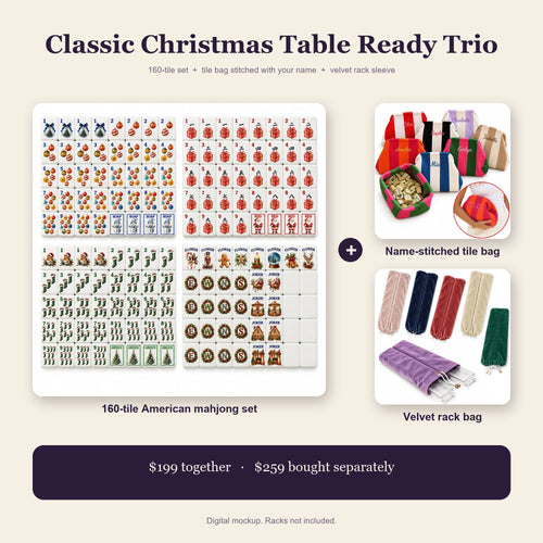 Classic Christmas Table Ready Trio: American mahjong set with ornament tiles, name-stitched tile bags, velvet rack bags