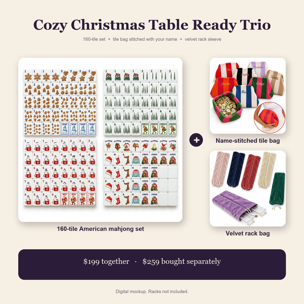 Cozy Christmas Table Ready Trio: American mahjong set with gingerbread tiles, name-stitched tile bags, velvet rack bags