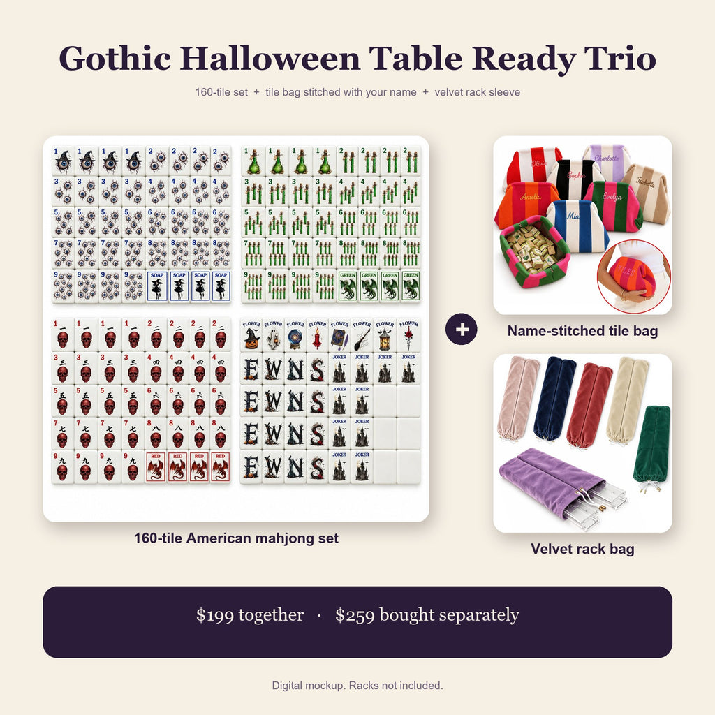 Gothic Halloween Table Ready Trio: American mahjong set with skull tiles, name-stitched tile bags, velvet rack bags