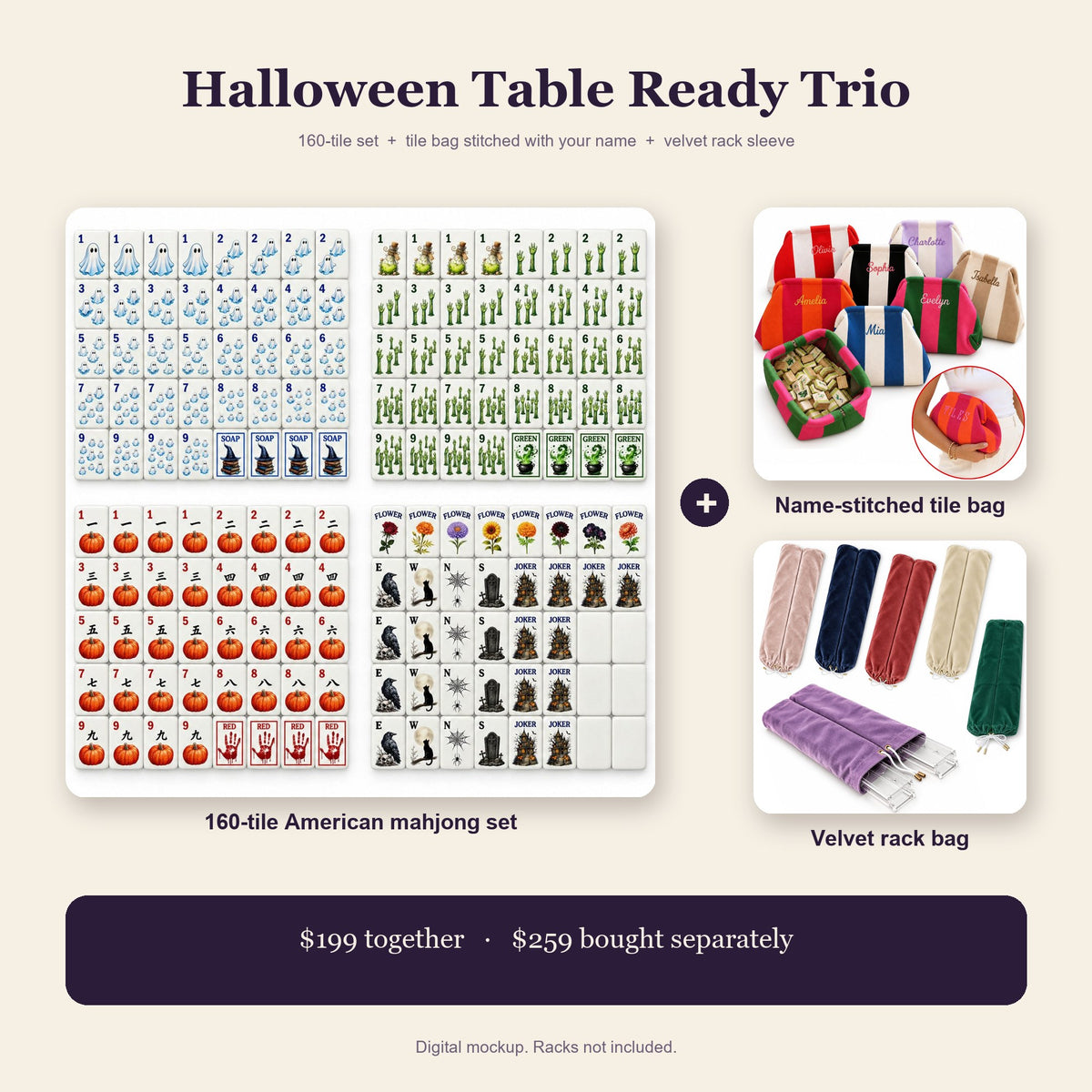 Halloween Table Ready Trio: American mahjong set with ghost and pumpkin tiles, name-stitched tile bags, velvet rack bags